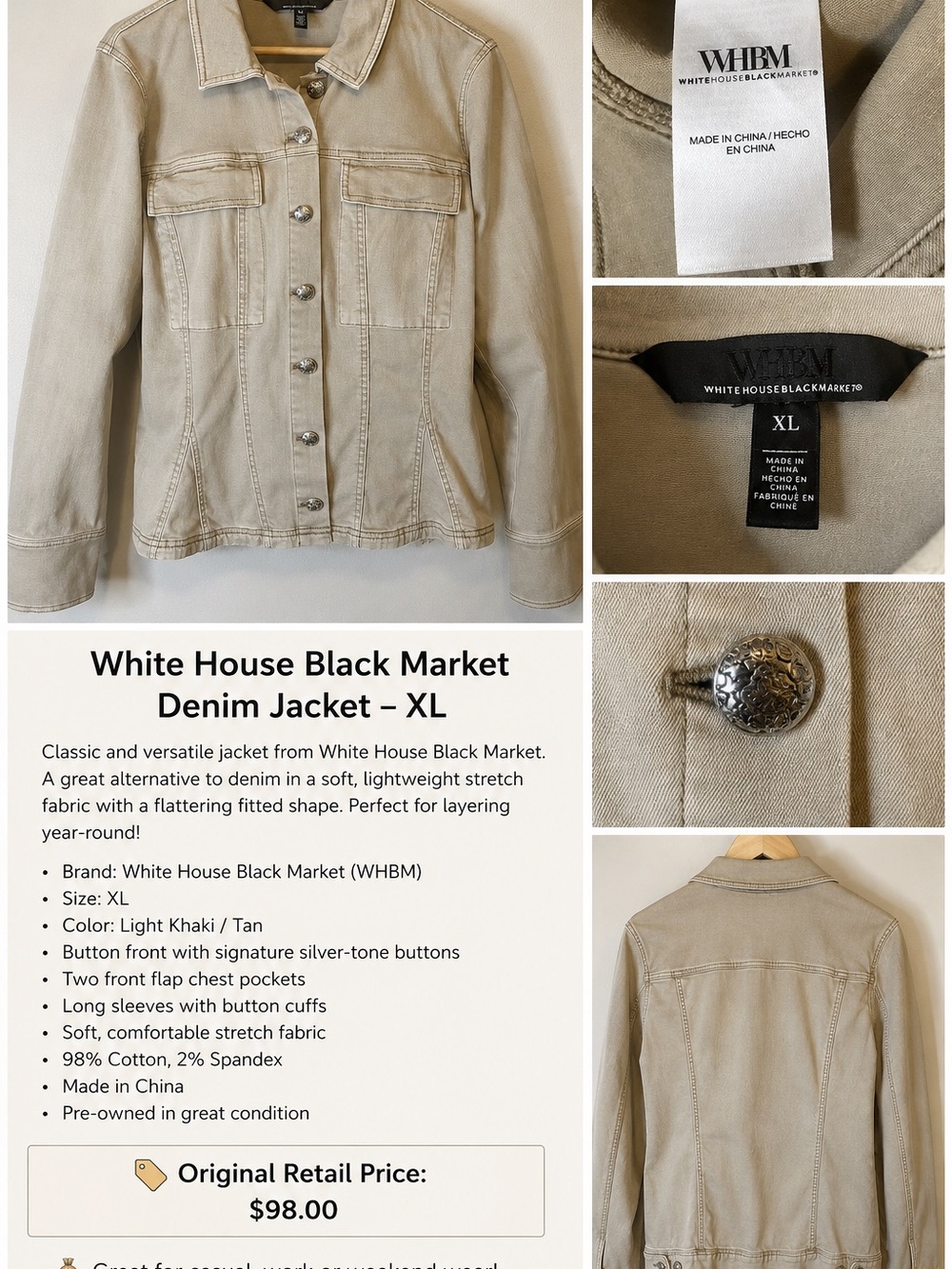 White House Black Market Khaki Denim Jacket XL Stretch